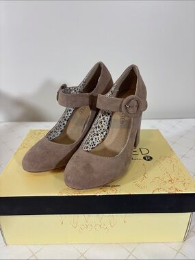 Restricted Taupe Suede Mary Jane Heels with Round Buckle
